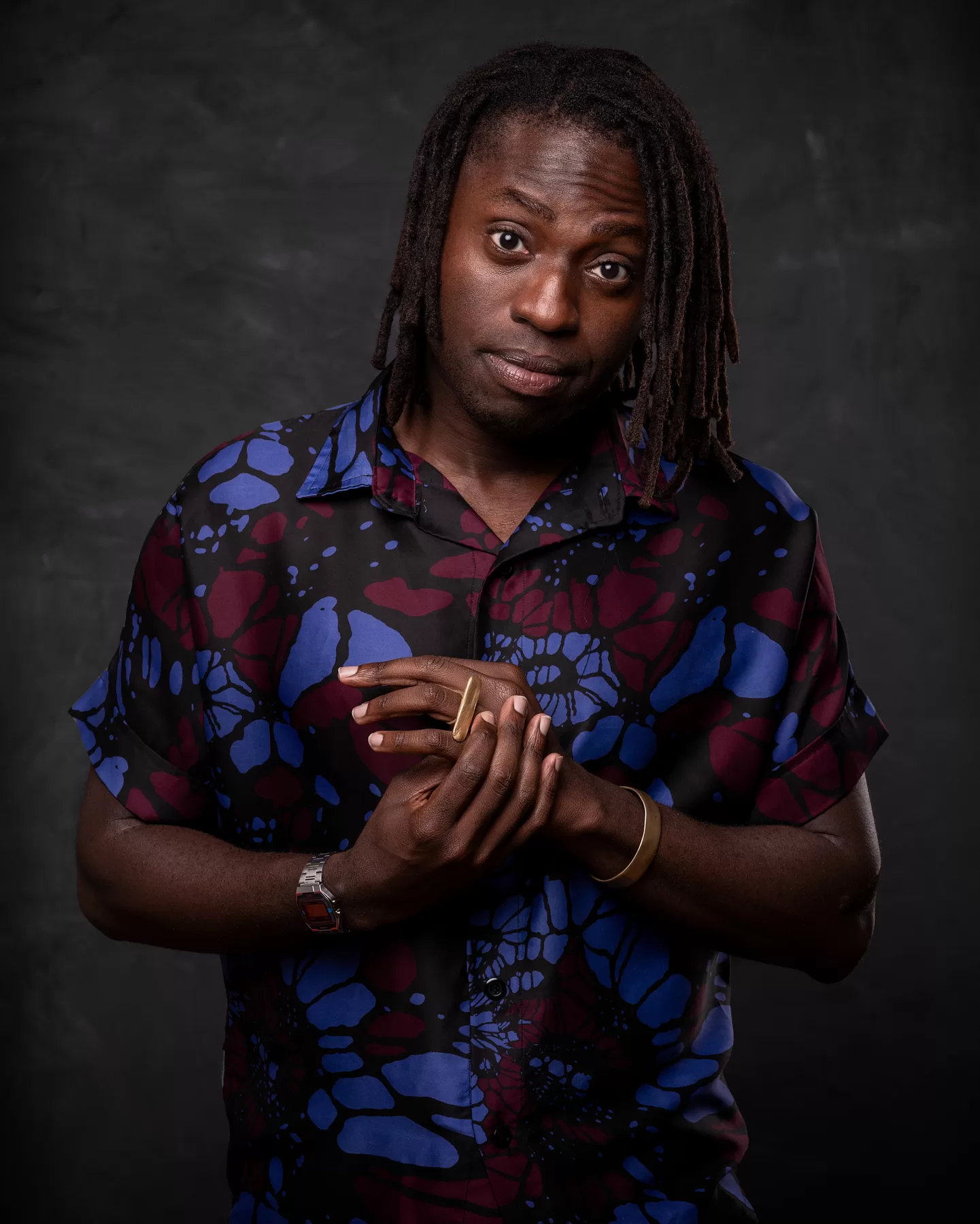 Expressive Vancouver actor portrait of a Black man in a patterned shirt