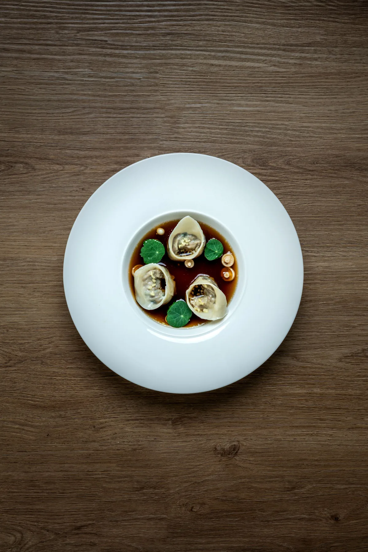 Overhead photograph of a refined catered dish